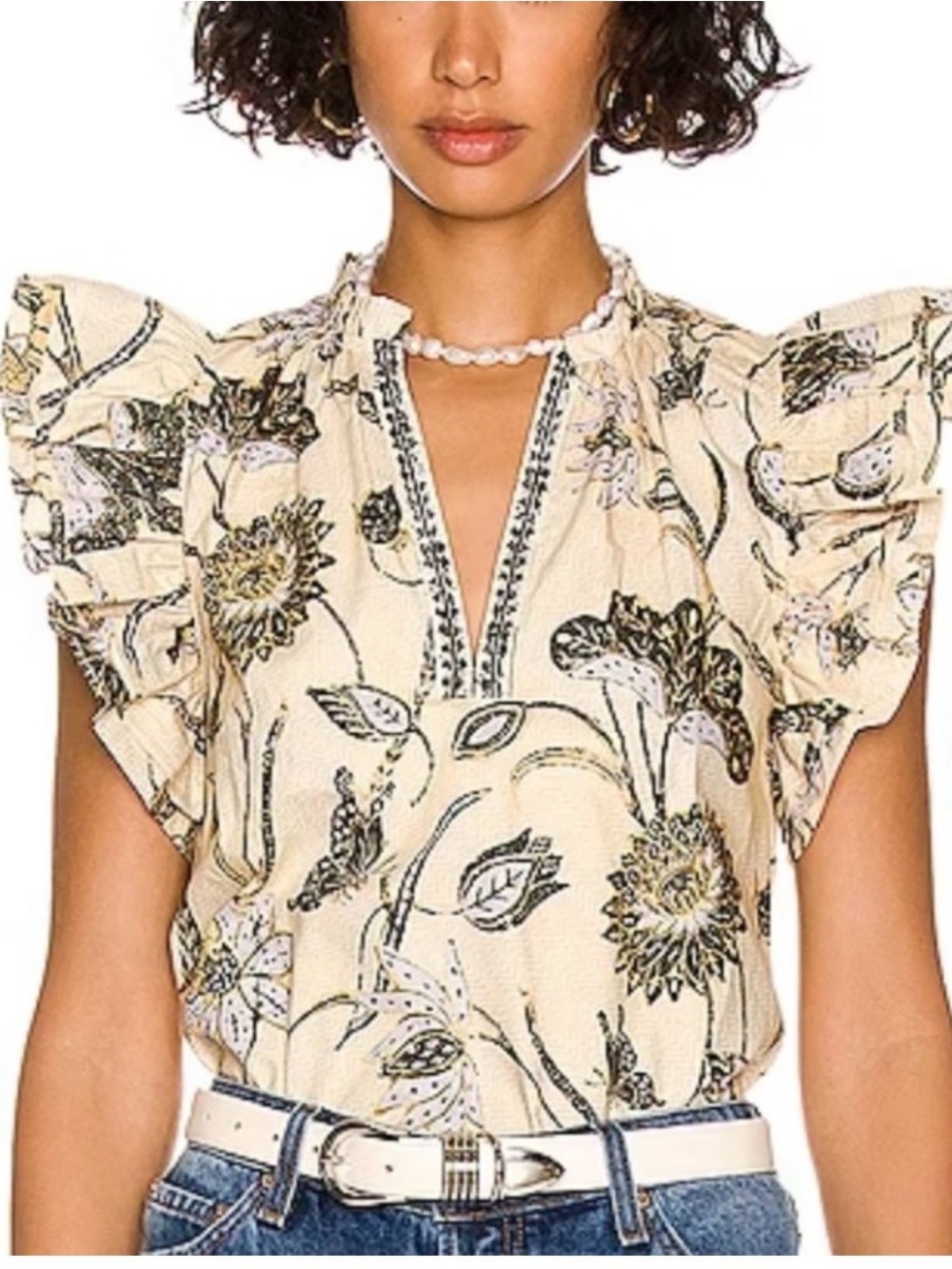 Ulla Johnson Elena Top Floral Ruffle-Sleeve Blouse Size 8 in Lemonbalm